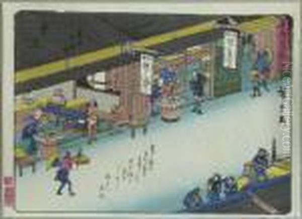 Kyoka Tokaido. Reisende In Den Speiselokalen Im Dorf Kuwana. Japan Oil Painting by Utagawa or Ando Hiroshige