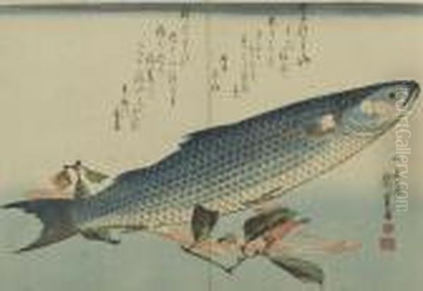 Bora Fish Oil Painting by Utagawa or Ando Hiroshige