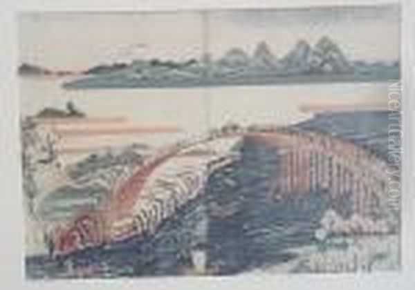 Bogenbrucke Uber Einen Fluss Mitreicher Figurenstaffage Und Fujijama- Oil Painting by Utagawa or Ando Hiroshige