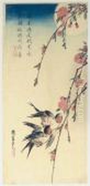 Swallows And Peach Blossoms Under Full Moon Oil Painting by Utagawa or Ando Hiroshige