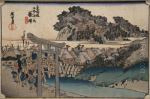 View Of Mount Fuji; Fujisawa (a Pair) Oil Painting by Utagawa or Ando Hiroshige