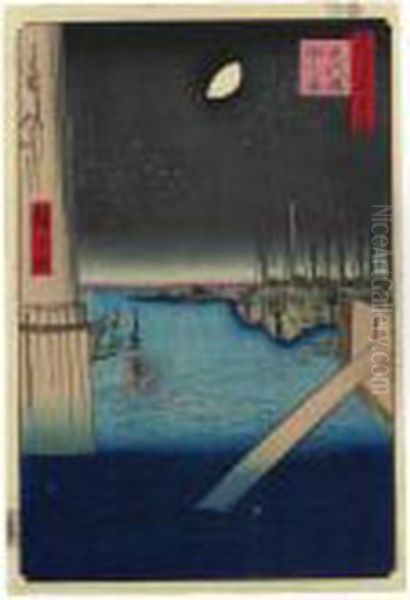 Eitaibashi Tsukudajima Oil Painting by Utagawa or Ando Hiroshige