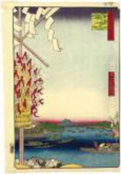 5 Prints From The Series ````edo
 Meisho Hyakkei' (one Hundred Famous Views Of Edo) And One Yakusha-e Oil Painting by Utagawa or Ando Hiroshige