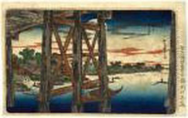 A Sheet From The Series ````````toto Meisho' Oil Painting by Utagawa or Ando Hiroshige