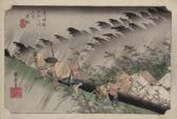 Driving Rain At Shono Oil Painting by Utagawa or Ando Hiroshige