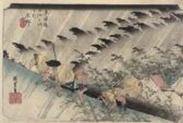 Driving Rain At Shono Oil Painting by Utagawa or Ando Hiroshige