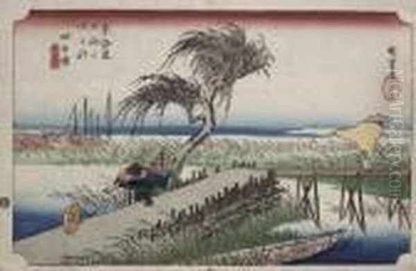 Yokkaichi Miegawa Oil Painting by Utagawa or Ando Hiroshige