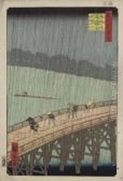 Ohashi Atake No Yudachi Oil Painting by Utagawa or Ando Hiroshige