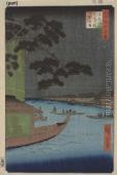 The Good Luck Pine At Ommayagashi On The Asakusa River Oil Painting by Utagawa or Ando Hiroshige