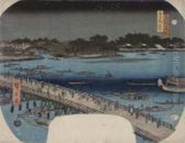 A Fan Design Depicting A Night Scene At The Ryogoku Bridge Oil Painting by Utagawa or Ando Hiroshige