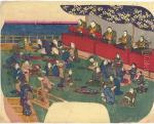 Entertainment On A Veranda Oil Painting by Utagawa or Ando Hiroshige