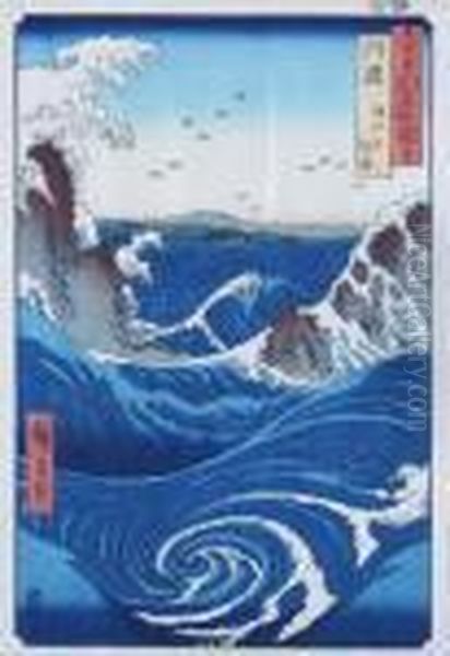 Rough Sea At Naruto In Awa 
Province And The Year-end Festival At Asakusa In Edo (on Verso) Oil Painting by Utagawa or Ando Hiroshige