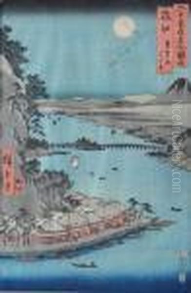 Ishiyama Temple And Lake Biwa In
 Omi Province And Festival At The Itsukushima Shrine In Aki Province (on
 Verso) Oil Painting by Utagawa or Ando Hiroshige