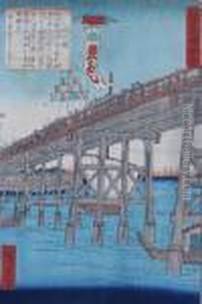 Procession Across Bridge Oil Painting by Utagawa or Ando Hiroshige