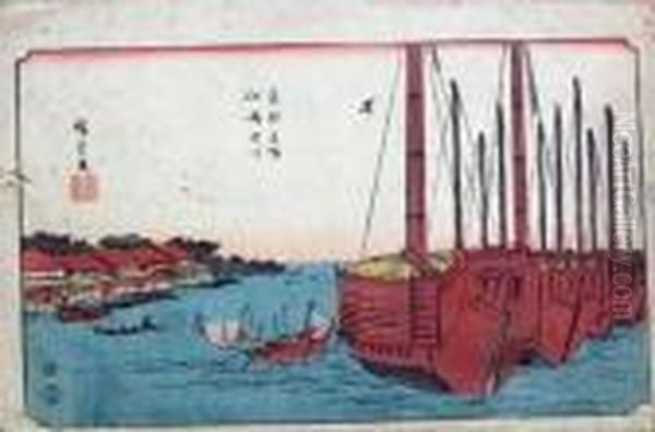 Fukagawa Tsukudajima From Toto Meisho Oil Painting by Utagawa or Ando Hiroshige