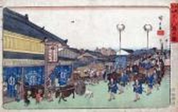 Shinbashi No Zu From Edo Meisho Oil Painting by Utagawa or Ando Hiroshige