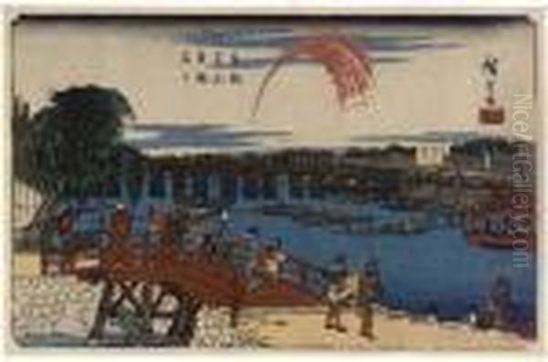 Ryogoku Hanabi Oil Painting by Utagawa or Ando Hiroshige