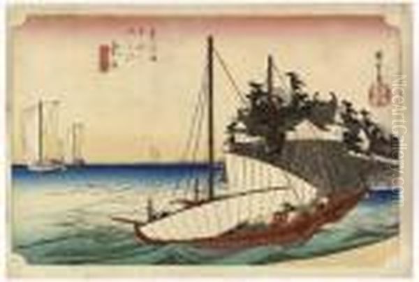 Kuwana Shichiri Watashiguchi Oil Painting by Utagawa or Ando Hiroshige