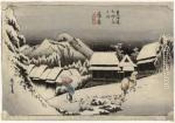 Kambara, Yoru No Yuki Oil Painting by Utagawa or Ando Hiroshige