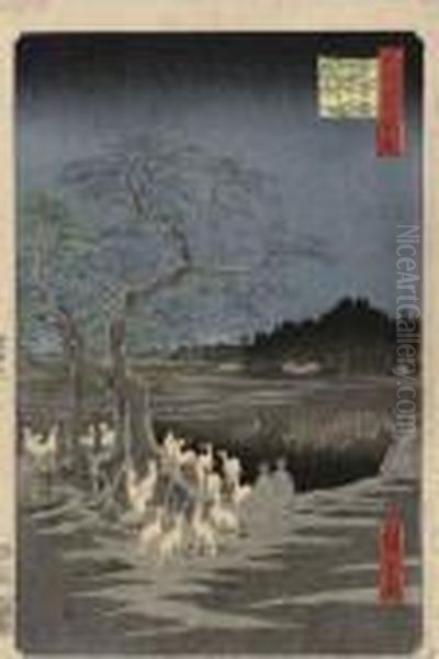 Oji Shozoku-enoki Omisoka No Kitsunebi Oil Painting by Utagawa or Ando Hiroshige