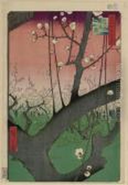 Kameido Umeyashiki Oil Painting by Utagawa or Ando Hiroshige