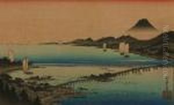 Lake With Boats Oil Painting by Utagawa or Ando Hiroshige