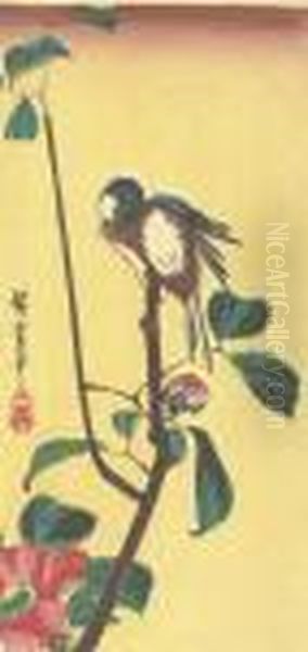 Titmouse And Flowering Camellia Oil Painting by Utagawa or Ando Hiroshige