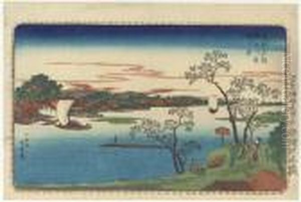 Sumidagawa Hazakura No Kei 
(cherry Trees In Leaf On The Sumidariver), From The Series Toto Meisho 
(famous Places Of The Easterncapital) Oil Painting by Utagawa or Ando Hiroshige