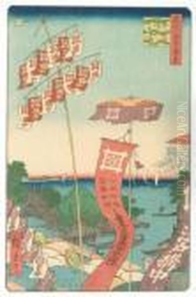 Kanasugi Bridge And Shibaura Oil Painting by Utagawa or Ando Hiroshige