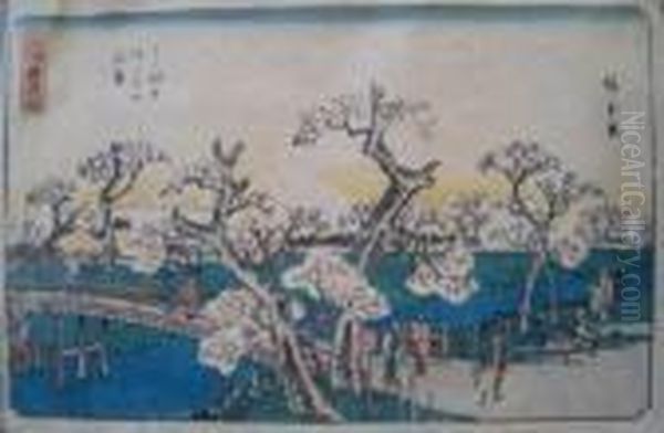 Blossoming Flowers Oil Painting by Utagawa or Ando Hiroshige