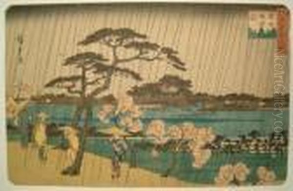 Cherry Blossoms In The Rain Oil Painting by Utagawa or Ando Hiroshige