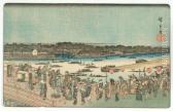 Fireworks At Ryogaku Bridge Oil Painting by Utagawa or Ando Hiroshige