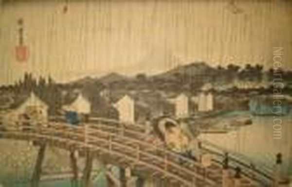 White Rain At Nihonbashi Oil Painting by Utagawa or Ando Hiroshige