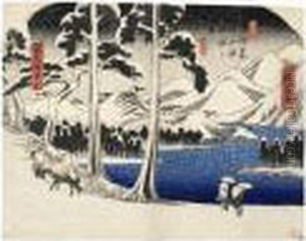 Hakone Sanchu Kosui No Zu, Bosetsu. Hakone Et Montagnes Enneigees Au Coucher Du Soleil Oil Painting by Utagawa or Ando Hiroshige