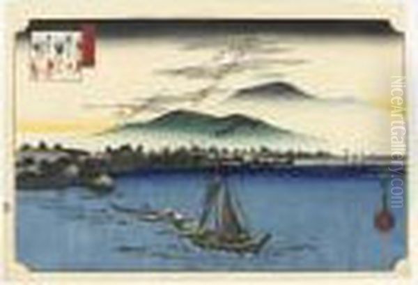 Katada No Rakugan. La Descente Des Oies Sauvages A Katada Oil Painting by Utagawa or Ando Hiroshige