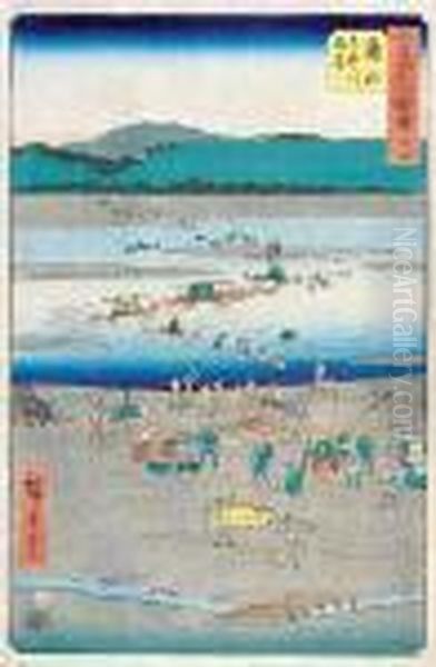 Przeprawa Przez Rzeke Oi W 
Shimadaz Serii Obrazy Slynnych Miejsc Na Piecdziesieciu Trzech Stacjach 
(goscinca Tokaido); Tzw. Pionowe Tokaido Oil Painting by Utagawa or Ando Hiroshige