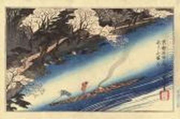 Arashiyama Manka (cherry Trees In Full Bloom, Arashiyama) Oil Painting by Utagawa or Ando Hiroshige