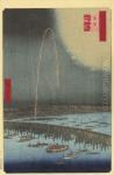 Ryogoku, Hanabi (fireworks, Ryogoku) Oil Painting by Utagawa or Ando Hiroshige