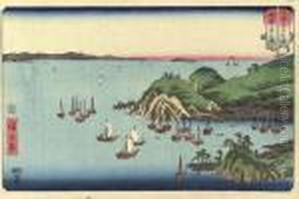 Harima Muro No Tsu Oil Painting by Utagawa or Ando Hiroshige