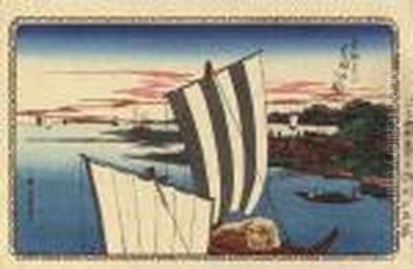 Shibaura Shiohi No Zu Oil Painting by Utagawa or Ando Hiroshige