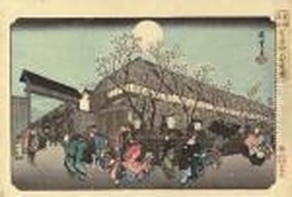 Yoshiwara Nakanocho Yozakura Oil Painting by Utagawa or Ando Hiroshige