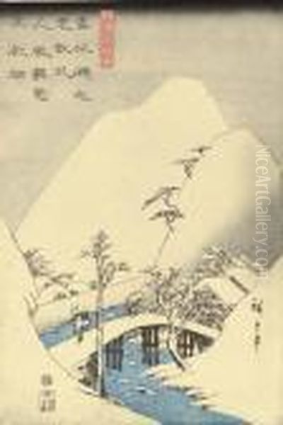 Crossing A Bridge In The Snow Oil Painting by Utagawa or Ando Hiroshige