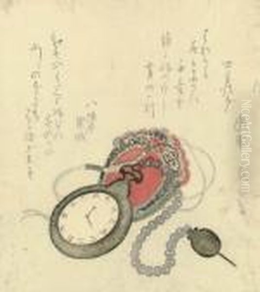 Egoyomi Surimono With A Pocket Watch Oil Painting by Utagawa or Ando Hiroshige