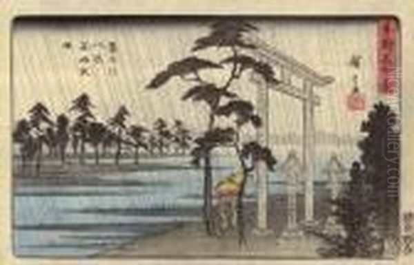 Sumidagawa Hakkei Masaki Yau (night Rain, Masaki) Oil Painting by Utagawa or Ando Hiroshige