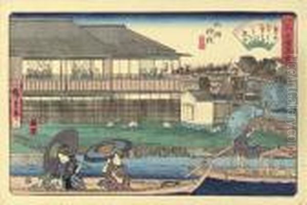 Dainoshi Ryogoku Yanagibashi (the Dainoshi Restaurant At Yanagi Bridge, Ryogoku) Oil Painting by Utagawa or Ando Hiroshige