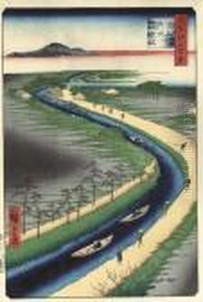 Yotsugidori, Yosui Hikifune (hauling Canal Boats, Yotsugi Road) Oil Painting by Utagawa or Ando Hiroshige