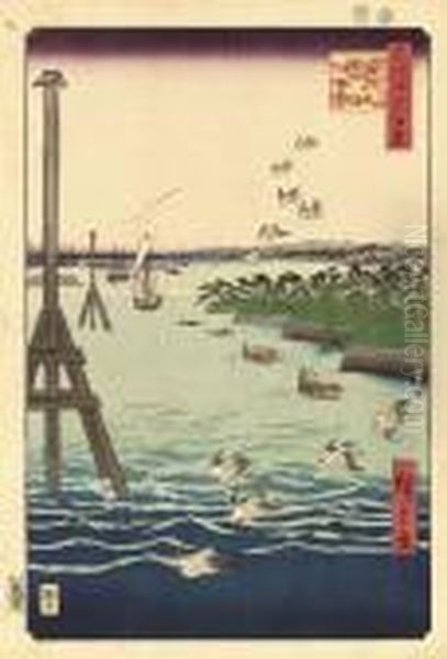 Shibaura No Fukei (view Of Shiba Coast) Oil Painting by Utagawa or Ando Hiroshige