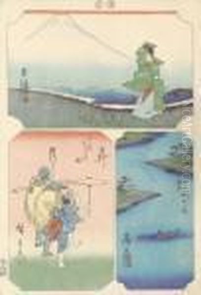 Harimaze-e A Trois Sujets Oil Painting by Utagawa or Ando Hiroshige