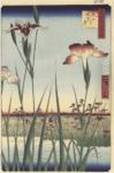 Iris En Fleurs A Horikiri Oil Painting by Utagawa or Ando Hiroshige