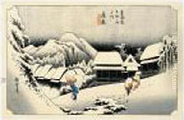 Kambara. Yoru No Yuki. Kambara Sous La Neige, La Nuit Oil Painting by Utagawa or Ando Hiroshige